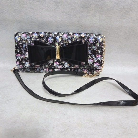 Betsey Johnson XOLYLA Crossbody Patent Finish Black Bow Multi Color Disco EUC - Picture 1 of 12